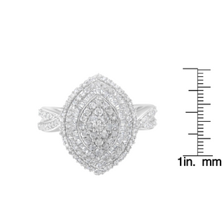 .925 Sterling Silver 1.0 Cttw Round & Baguette-Cut Diamond Marquise-Shaped Cluster Triple Stepped Halo Cocktail Fashion Ring (I-J Color, I2-I3 Clarity)