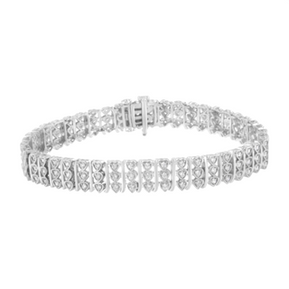 .925 Sterling Silver 1 1/2 cttw Round Diamond 3 Row Heart Link Bracelet (I-J Color,I3 Clarity) - 7.25 "