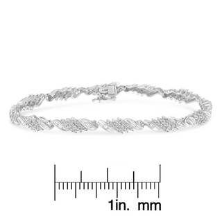 .925 Sterling Silver 1-1/2 Cttw Round and Baguette Cut Diamond Wave Link Bracelet (I-J Color, I2-I3 Clarity) - 7"