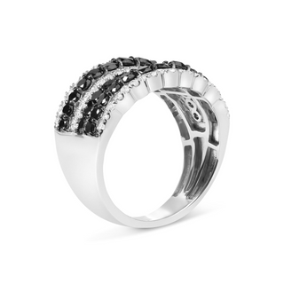 .925 Sterling Silver 1 3/4 Cttw Treated Black and White Alternating Diamond Multi Row Band Ring (Black / I-J Color, I2-I3 Clarity)