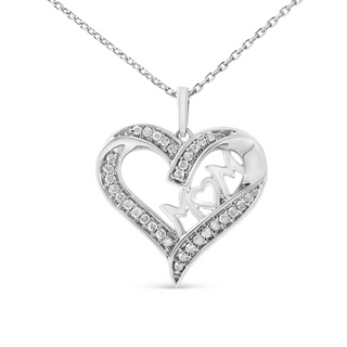 .925 Sterling Silver 1/4 cttw Diamond Engraved "Mom" in Heart Pendant Necklace (I-J Color, I3 Clarity)