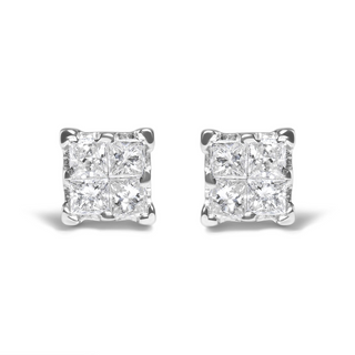 .925 Sterling Silver 1/4 Cttw Invisible Set Princess Diamond Composite Quad Stud Earrings (I-J Color, I1-I2 Clarity)