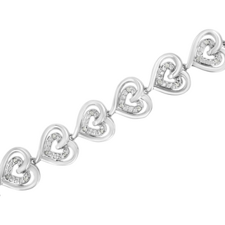 .925 Sterling Silver 1/4 Cttw Round-Cut Diamond Double Heart Link Bracelet (I-J Color, I2-I3 Clarity) - 7.25" Inches