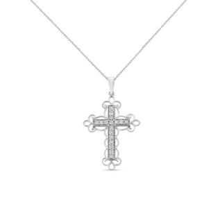 .925 Sterling Silver 1/4 Cttw Round Cut Diamond Art Deco Style Cross 18" Pendant Necklace (J-K Color, I2-I3 Clarity)