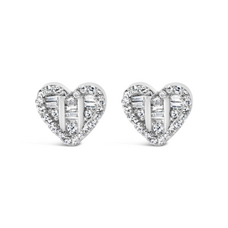 .925 Sterling Silver 1/2 Cttw Round and Baguette Diamond Composite Heart Shaped Stud Earring (I-J Color, SI2-I1 Clarity)