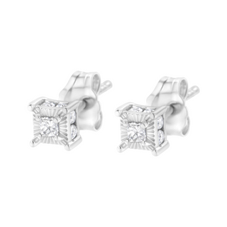 .925 Sterling Silver 1/4 Cttw Miracle Set Princess-Cut Diamond Solitaire Stud Earrings with Hidden Halo (I-J Color, SI2-I1 Clarity)