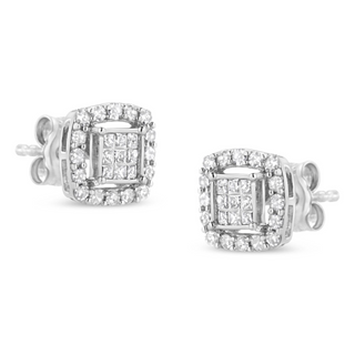 .925 Sterling Silver 1/2 Cttw Round and Princess-Cut Diamond Stud Earrings (I-J Color, I1-I2 Clarity)