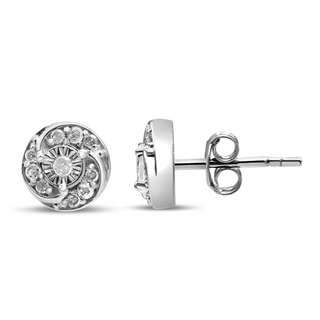 .925 Sterling Silver 1/4 Cttw Round Diamond Spiral Halo Cluster Stud Earrings (I-J Color, I2-I3 Clarity)