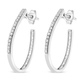 .925 Sterling Silver 1/2 Cttw Round and Baguette-Cut Diamond Inside-Outside Hoop Earrings (H-I Color, I1-I2 Clarity)