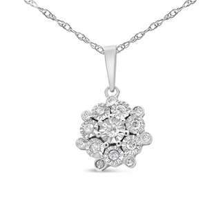 .925 Sterling Silver 1/4 Cttw Miracle Set Diamond Floral Cluster 18" Pendant Necklace for Women (I-J Color, I1-I2 Clarity)