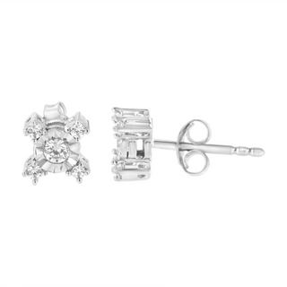 .925 Sterling Silver 1/4 Cttw Miracle Plate Set Round and Princess-Cut Diamond "X" Shaped Stud Earrings (I-J Color, I2-I3 Clarity)