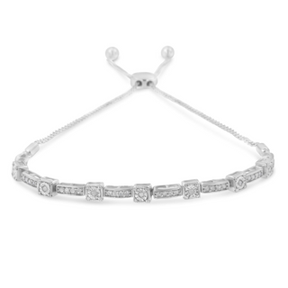 .925 Sterling Silver 1/4 Cttw Diamond 4”-10” Adjustable Bolo Alternating Square and Rectangle Bolo Bracelet (I-J Color, I3 Clarity)