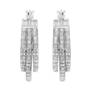 .925 Sterling Silver 1/4 Cttw Diamond and Alternating Beaded Triple Hoop Earring (I-J Color, I3 Clarity)