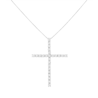 .925 Sterling Silver 3.0 Cttw Round Shape Diamond 1-1/2" Cross Pendant with Box Chain Necklace (J-K Color, I2-I3 Clarity) - 18"