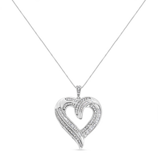 .925 Sterling Silver 3/4 Cttw Round and Baguette-Cut Diamond Open Heart 18" Pendant Necklace (I-J Color, I2-I3 Clarity)