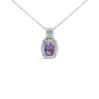 .925 Sterling Silver 9x7mm Oval Purple Amethyst and Round Diamond Accent Fashion Drop Pendant 18 Inch Necklace (I-J Color, I1-I2 Clarity)