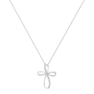 .925 Sterling Silver Diamond Accent Cross Ribbon 18" Pendant Necklace (I-J Color, I2-I3 Clarity)