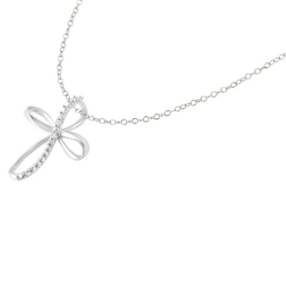 .925 Sterling Silver Diamond Accent Cross Ribbon 18" Pendant Necklace (I-J Color, I2-I3 Clarity)