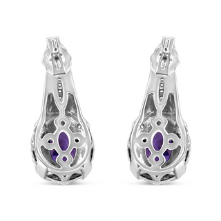 .925 Sterling Silver 8x6 MM Natural Oval Purple Amethyst Gemstone and Diamond Accent Art Deco Style Drop and Dangle Earrings (I-J Color, I1-I2 Clarity)