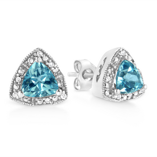 .925 Sterling Silver 6x6 mm Trillion Cut Blue Topaz Gemstone and Diamond Accent Stud Earring (I-J Color, I1-I2 Clarity)