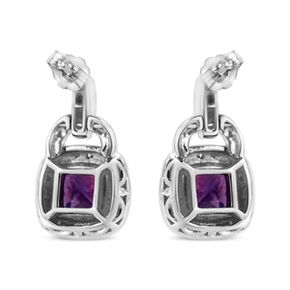 .925 Sterling Silver 8MM Natural Cushion Shaped Amethyst and Diamond Accent Halo with Push Back Dangle Earrings (I-J Color, I2-I3 Clarity)