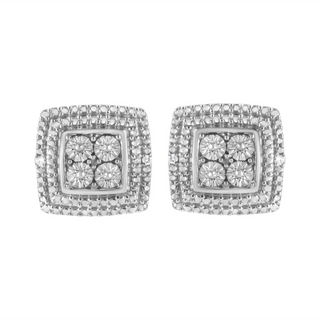 .925 Sterling Silver Diamond Accented Square Shaped Milgrain Stud Earrings (I-J Clarity, I3 Color)