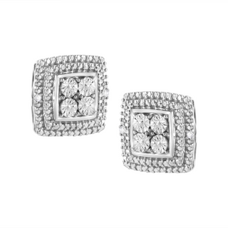 .925 Sterling Silver Diamond Accented Square Shaped Milgrain Stud Earrings (I-J Clarity, I3 Color)