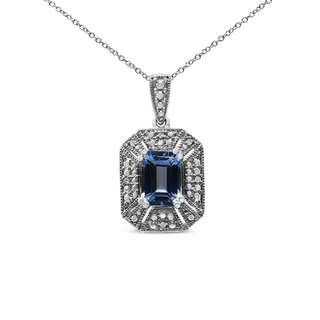 .925 Sterling Silver Blue Topaz and Diamond Accent Art Deco Style 18" Pendant Necklace (I-J Color, I1-I2 Clarity)