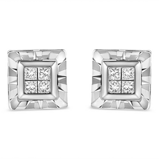 .925 Sterling Silver 1/6 Cttw Invisible Set Princess-Cut Diamond Quad Composite Stud Earrings (H-I Color, I1-I2 Clarity)