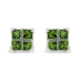 .925 Sterling Silver Treated Green Princess-cut Diamond 4 Stone Composite Quad Stud Earring (Green Color, I1-I2 Clarity)