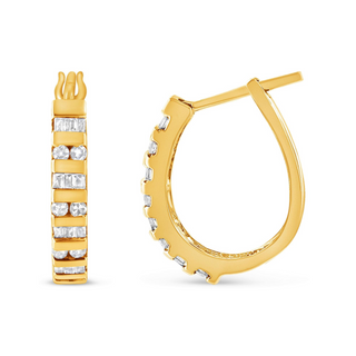 10K Gold Round and Baguette-Cut Diamond Hoop Earrings (I-J Color, I2-I3 Clarity)