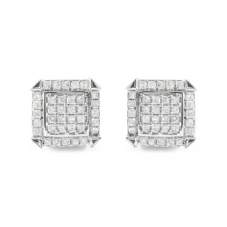 10K White Gold 1 1/10 Cttw Princess Diamond Composite and Halo Stud Earrings (I-J Color, I1-I2 Clarity)