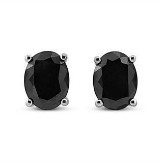 .925 Sterling Silver Prong Set Treated Black Oval Diamond Stud Earring (Black Color, I2-I3 Clarity)