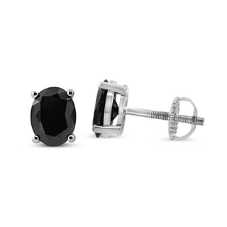 .925 Sterling Silver Prong Set Treated Black Oval Diamond Stud Earring (Black Color, I2-I3 Clarity)