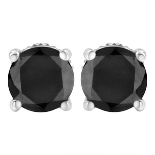 .925 Sterling Silver Round Brilliant-Cut Black Diamond Classic 4-Prong Stud Earrings with Screw Backs (Fancy Color-Enhanced, I2-I3 Clarity)