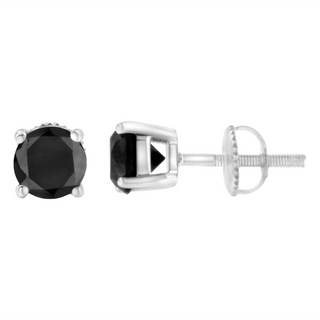 .925 Sterling Silver Round Brilliant-Cut Black Diamond Classic 4-Prong Stud Earrings with Screw Backs (Fancy Color-Enhanced, I2-I3 Clarity)