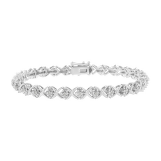 .925 Sterling Silver Round-Cut Diamond Accent Floral Cluster and "X" Link Bracelet (I-J Color, I3 Clarity) - 7.25"