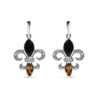 .925 Sterling Silver Marquise Cut Onyx and Citrine with Diamond Accent Fleur De Lis Drop Stud Earrings (H-I Color, SI1-SI2 Clarity)