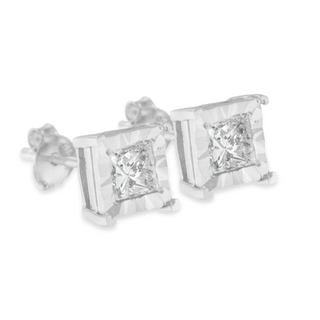 .925 Sterling Silver Miracle Set Princess-cut Diamond Solitaire Stud Earrings (H-I Color, SI2-I1 Clarity)