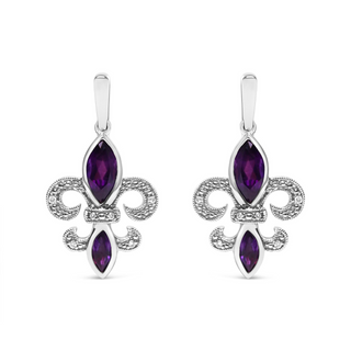 .925 Sterling Silver Marquise Cut Amethyst and Diamond Accent Fleur De Lis Dangle Stud Earrings (H-I Color, SI1-SI2 Clarity)