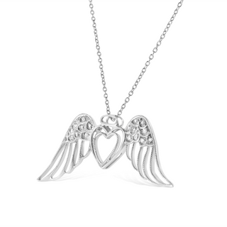 .925 Sterling Silver Pave-Set Diamond Accent Angel Wing 18" Double Heart Pendant Necklace (I-J Color, I1-I2 Clarity)