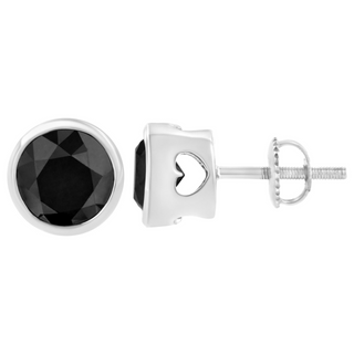 .925 Sterling Silver Round Brilliant-Cut Black Diamond Bezel-Set Stud Earrings with Screw Backs (Fancy Color-Enhanced, I2-I3 Clarity)