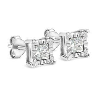 .925 Sterling Silver Miracle Set Princess-Cut Diamond Solitaire Stud Earrings (I-J Color, SI1-SI2 Clarity)