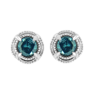 .925 Sterling Silver Treated Colored Diamond Modern 4-Prong Solitaire Milgrain Stud Earrings