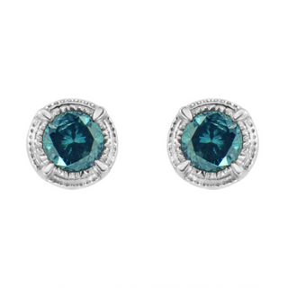 .925 Sterling Silver Treated Colored Diamond Modern 4-Prong Solitaire Milgrain Stud Earrings