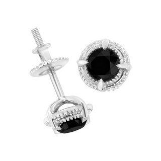 .925 Sterling Silver Treated Colored Diamond Modern 4-Prong Solitaire Milgrain Stud Earrings