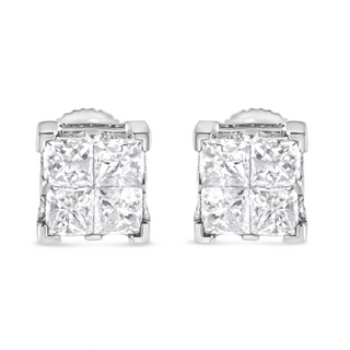 10K White Gold 3/4 Cttw Invisible Set Princess-Cut Diamond Composite Square Stud Earrings (H-I Color, SI2-I1 Clarity)