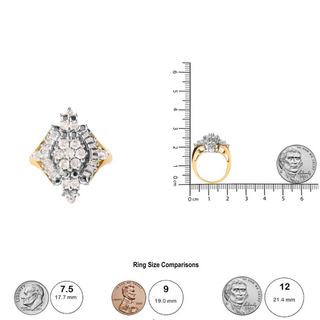 10K Yellow Gold 1 Cttw Round and Baguette cut Diamond Cluster and Rhombus Halo Ring (H-I Color, I1-I2 Clarity)