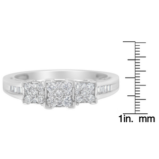 10K White Gold 1/2 Cttw Brilliant & Baguette Cut Diamond 3 Stone Design with 3 Square Clusters Engagement Ring (H-I Color, SI2-I1 Clarity)