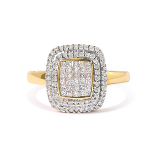 10K Yellow Gold 1/2 cttw Round and Princess Diamond Composite Head and Halo Ring (H-I Color, SI1-SI2 Clarity)